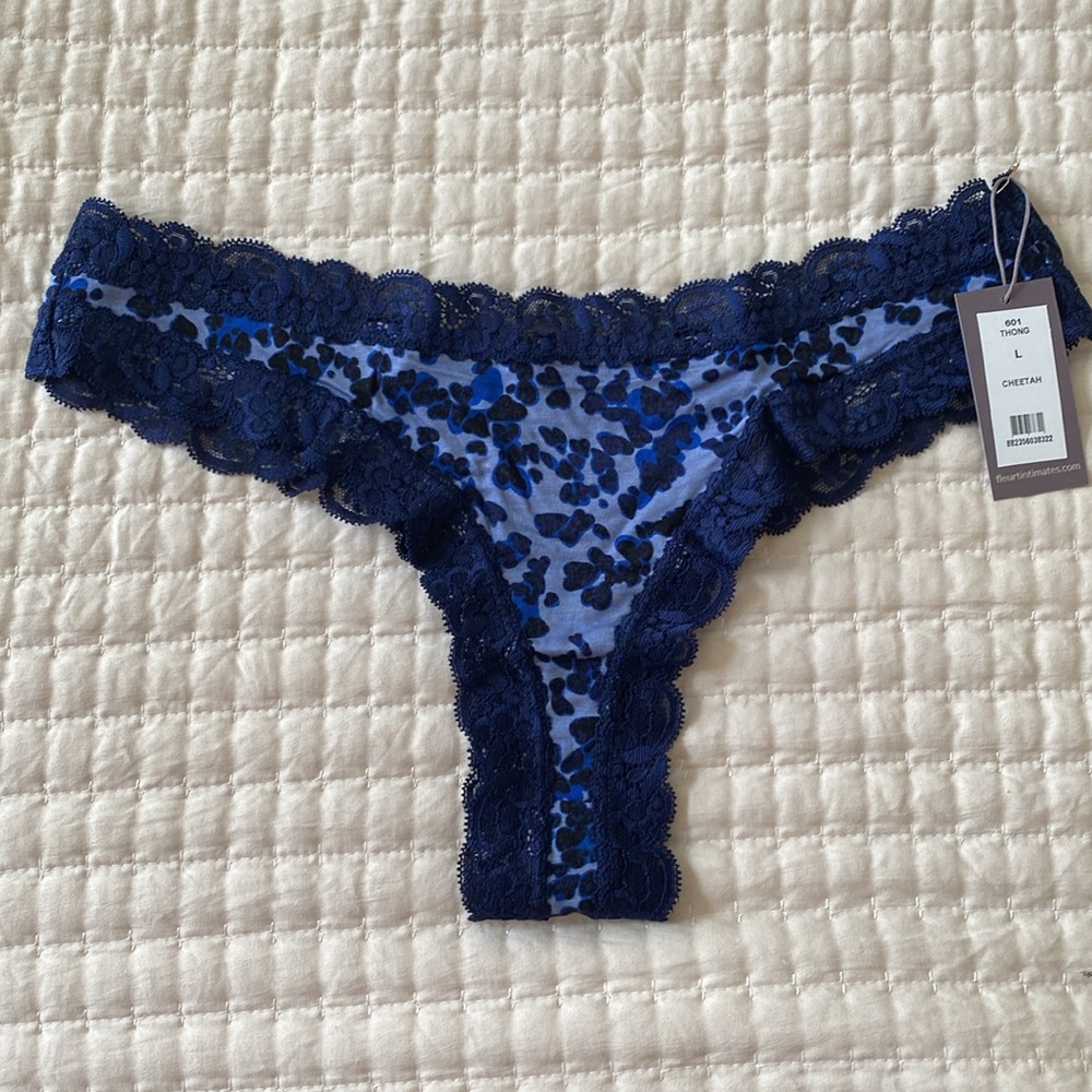 Fleurt Montelle Lace cotton Thong in Blue Cheetah L